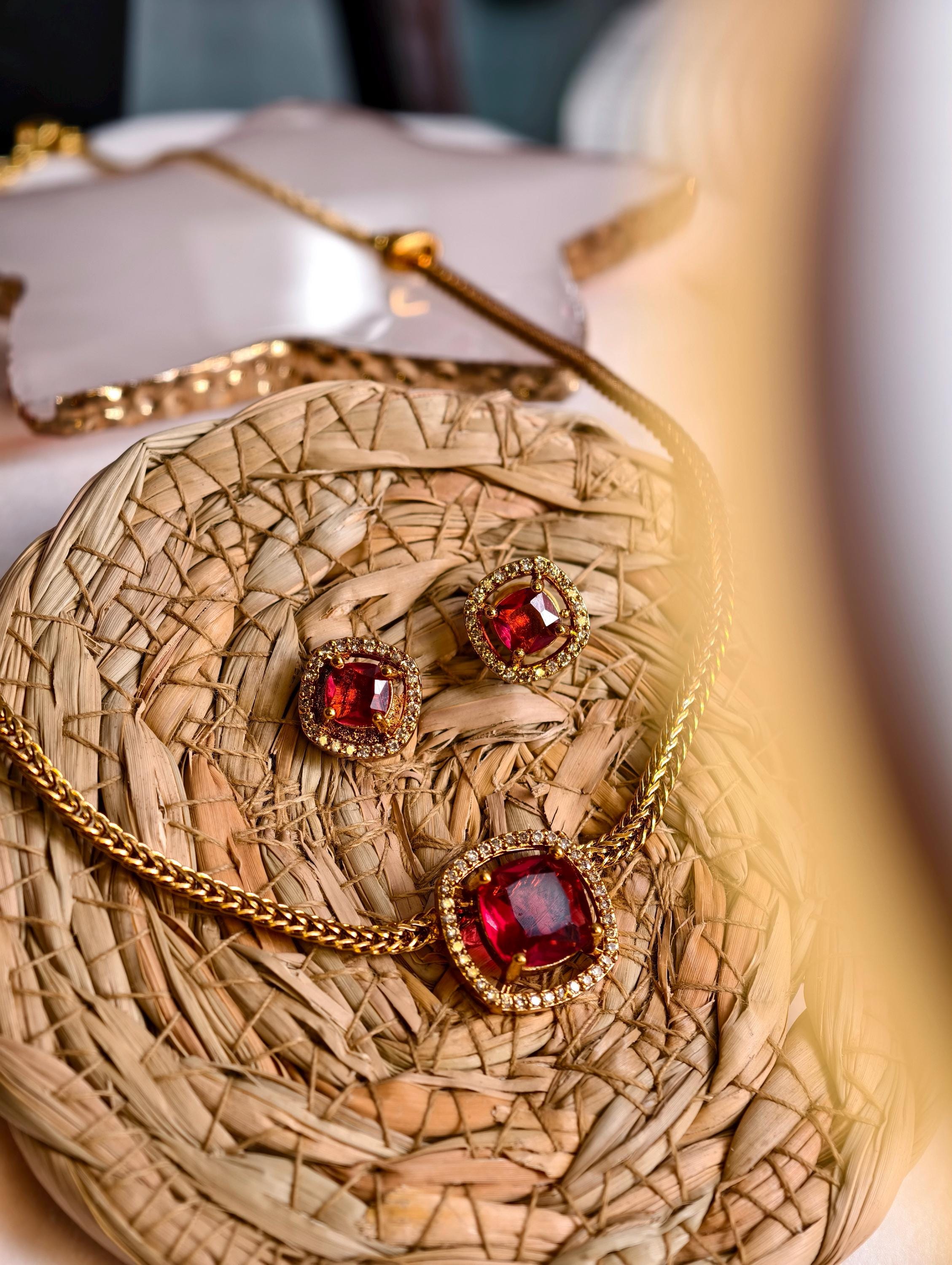 Ruby Red Jewelry Set | Gold Plated Necklace and Stud Earrings