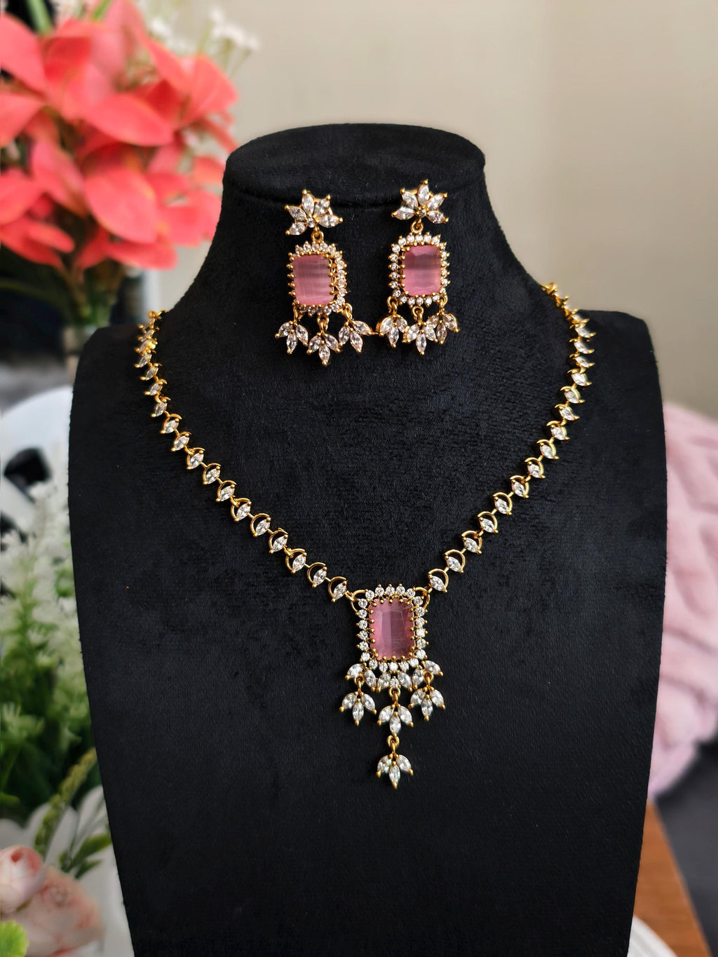 Pink Emerald Cut Necklace & Chandelier Earrings Set  Gold Plated Bridal Jewelry
