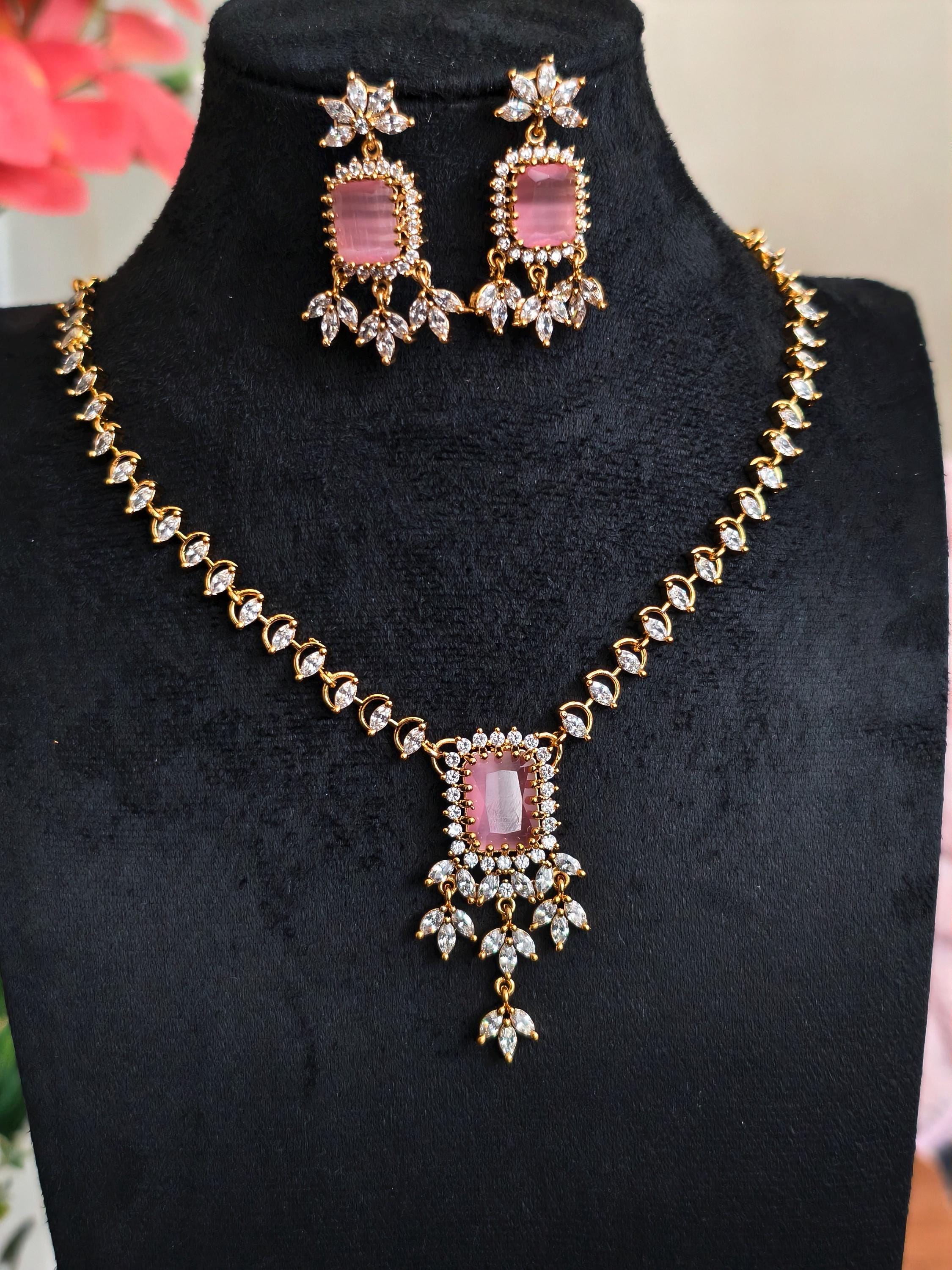 Pink Emerald Cut Necklace & Chandelier Earrings Set  Gold Plated Bridal Jewelry