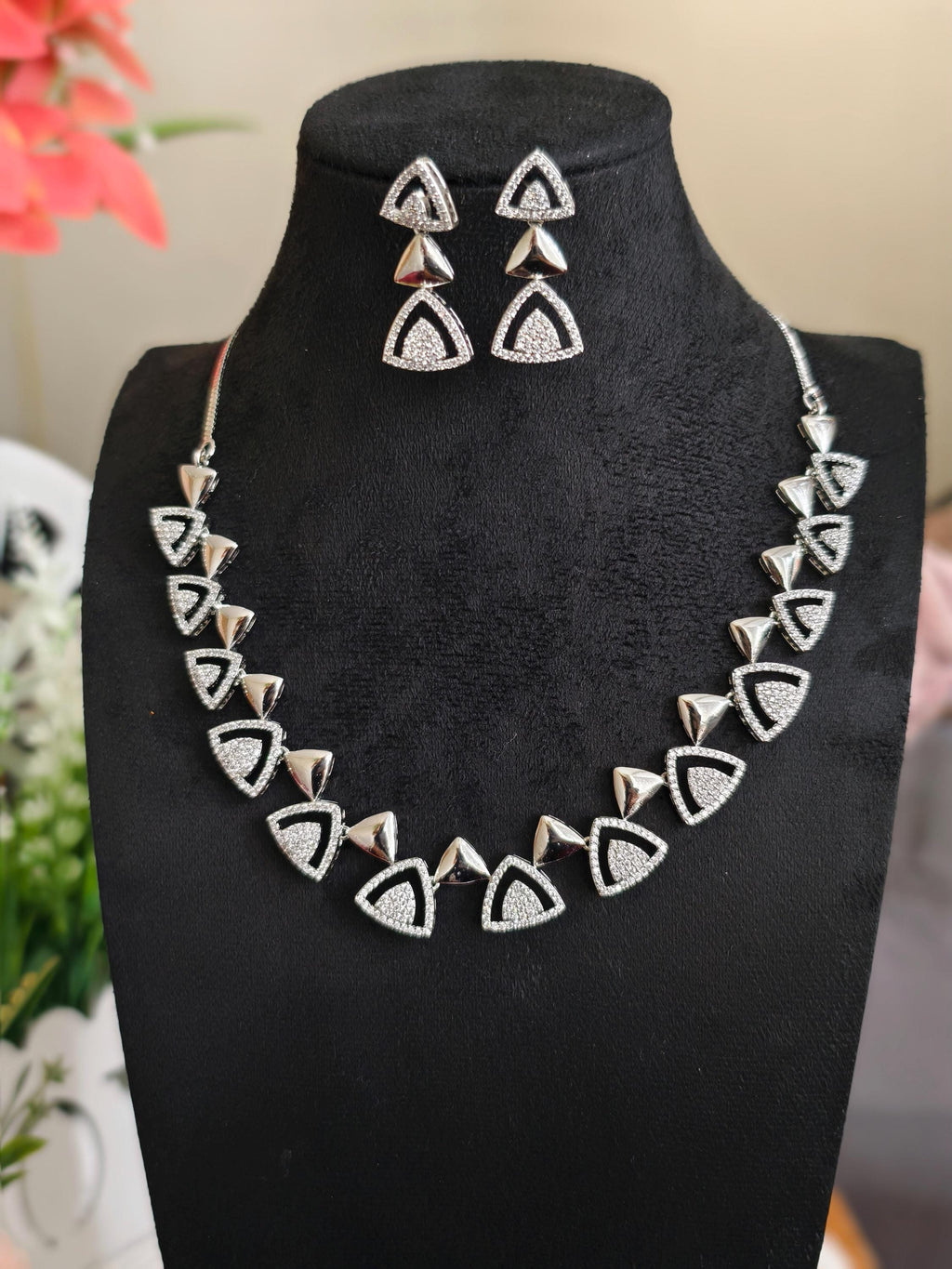 Trendy AD Stone Necklace: Silver Plated, White Stone
