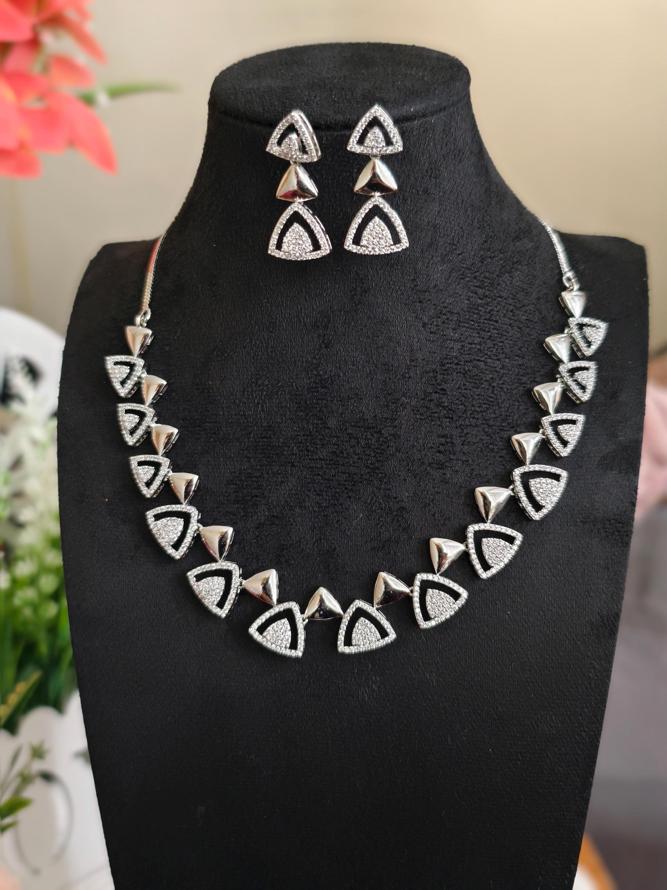 Trendy AD Stone Necklace: Silver Plated, White Stone