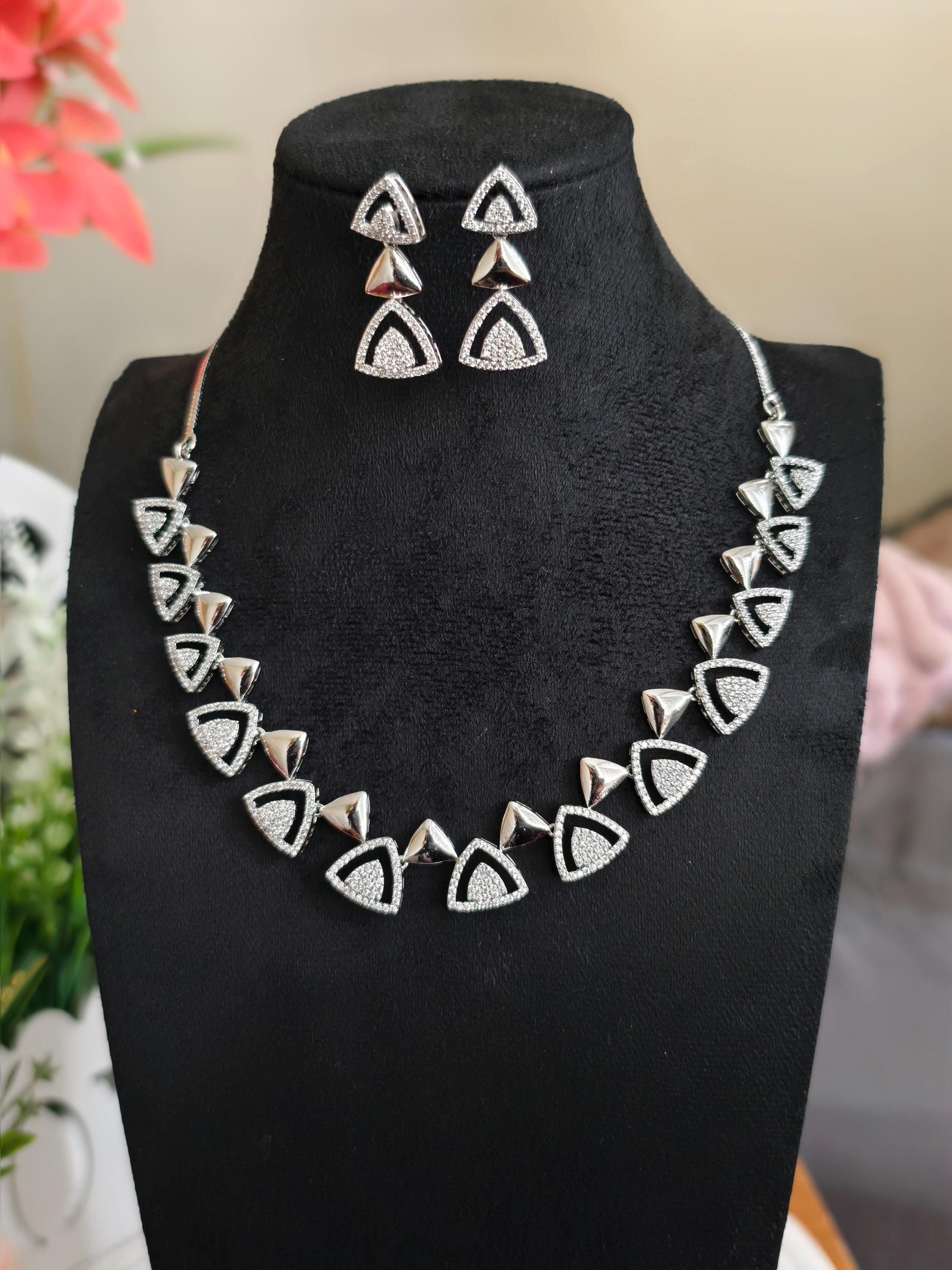 Trendy AD Stone Necklace: Silver Plated, White Stone