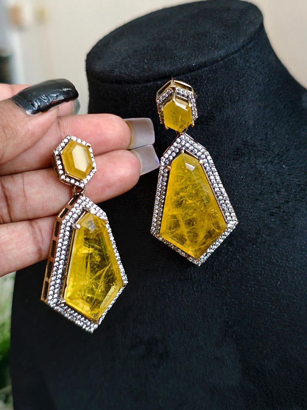 Yellow Gold Geometric Doublet Stone Earrings  Handcrafted Luxury Statement Jewelry  Elegant Wedding