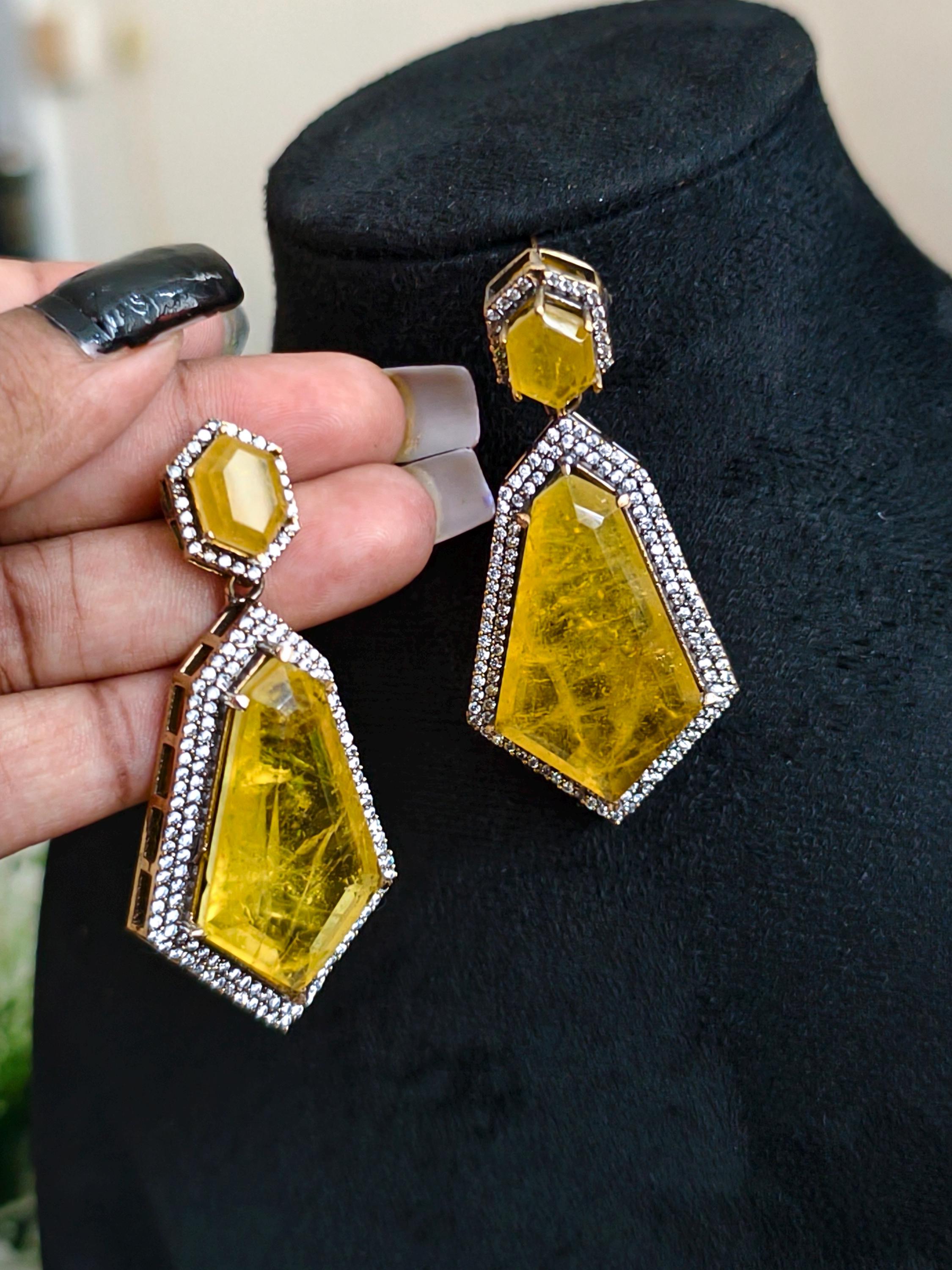 Yellow Gold Geometric Doublet Stone Earrings  Handcrafted Luxury Statement Jewelry  Elegant Wedding