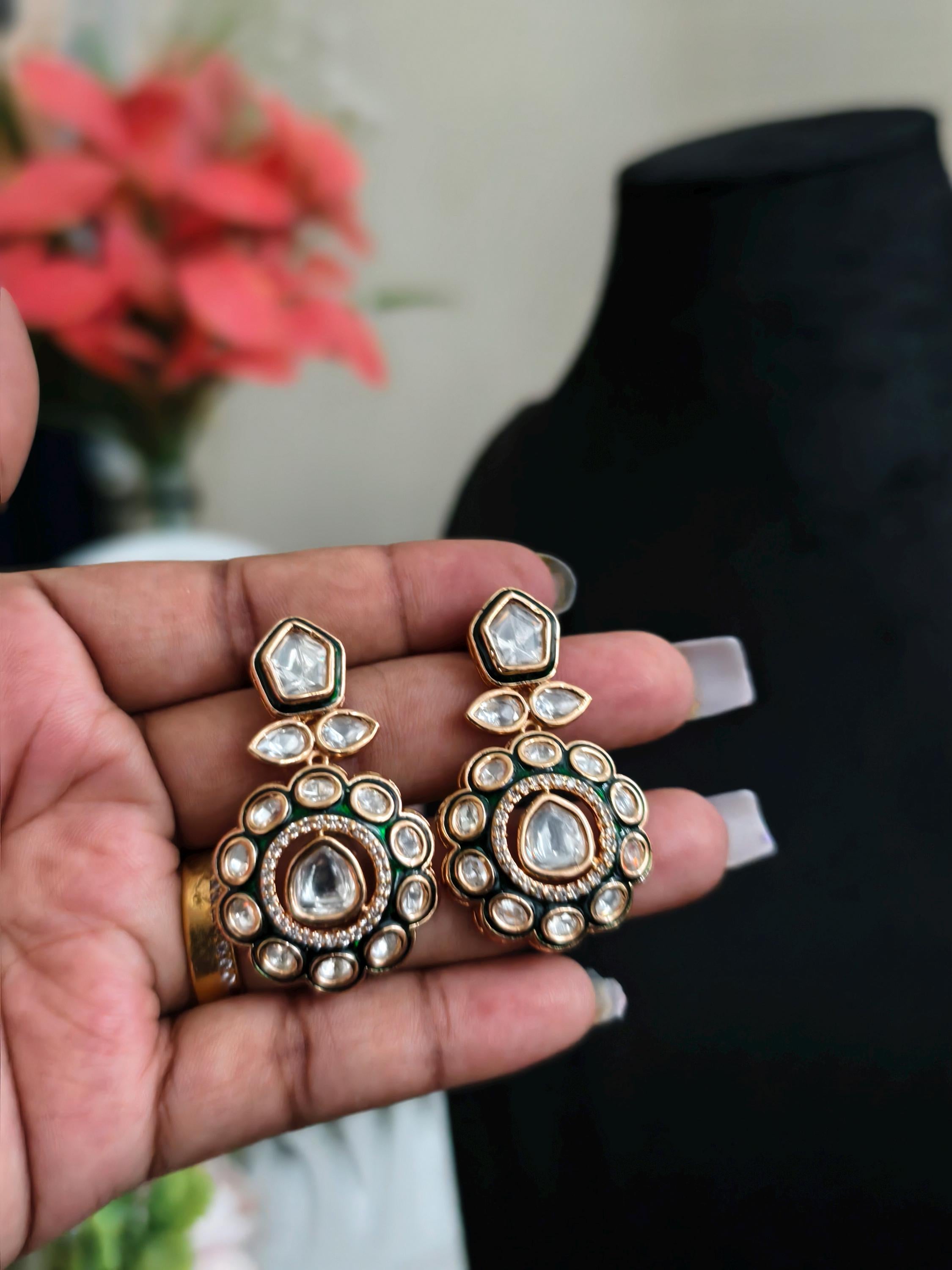 Kundan Statement Earrings: Indian Jewelry, Green & White