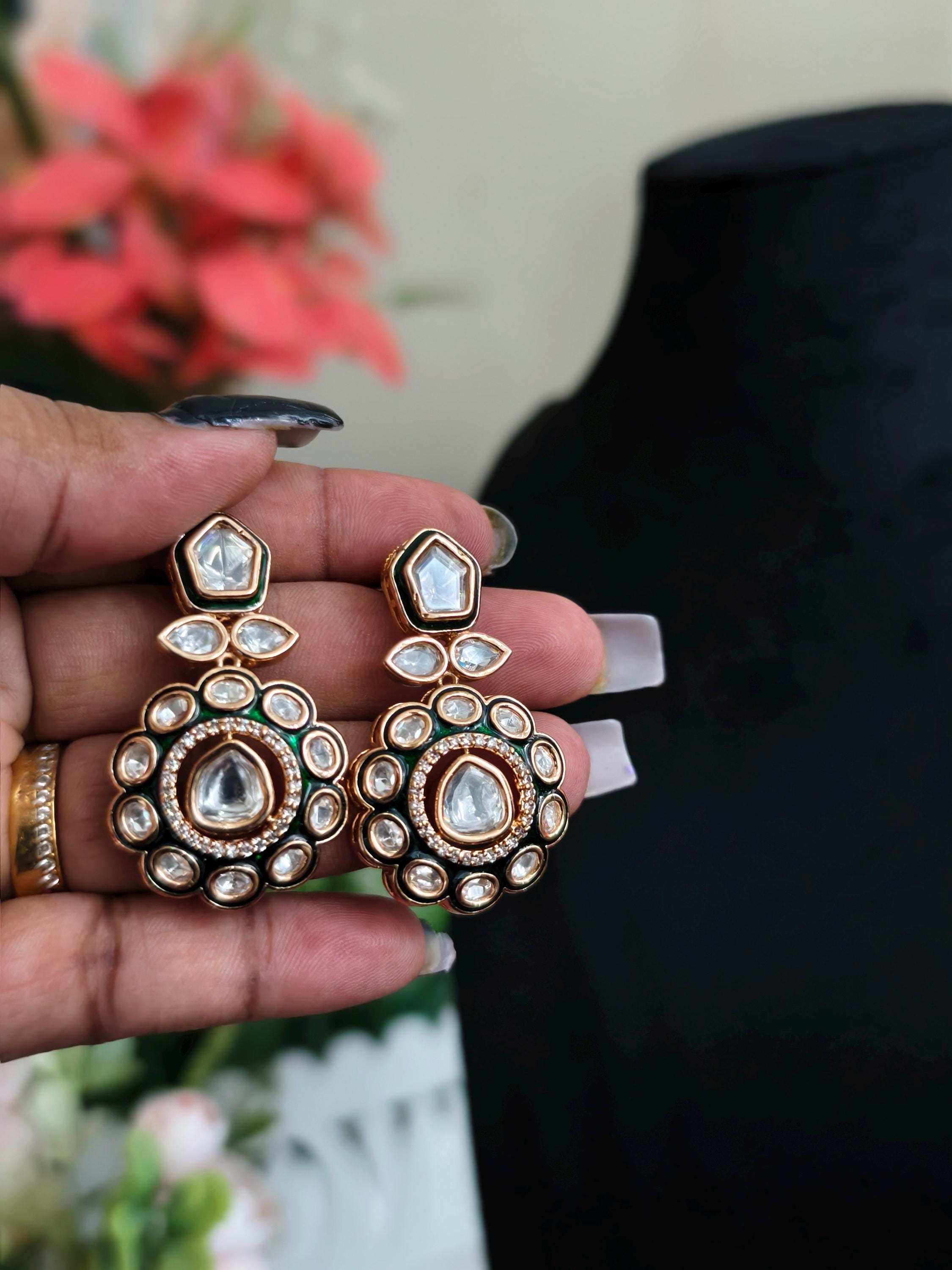Kundan Statement Earrings: Indian Jewelry, Green & White