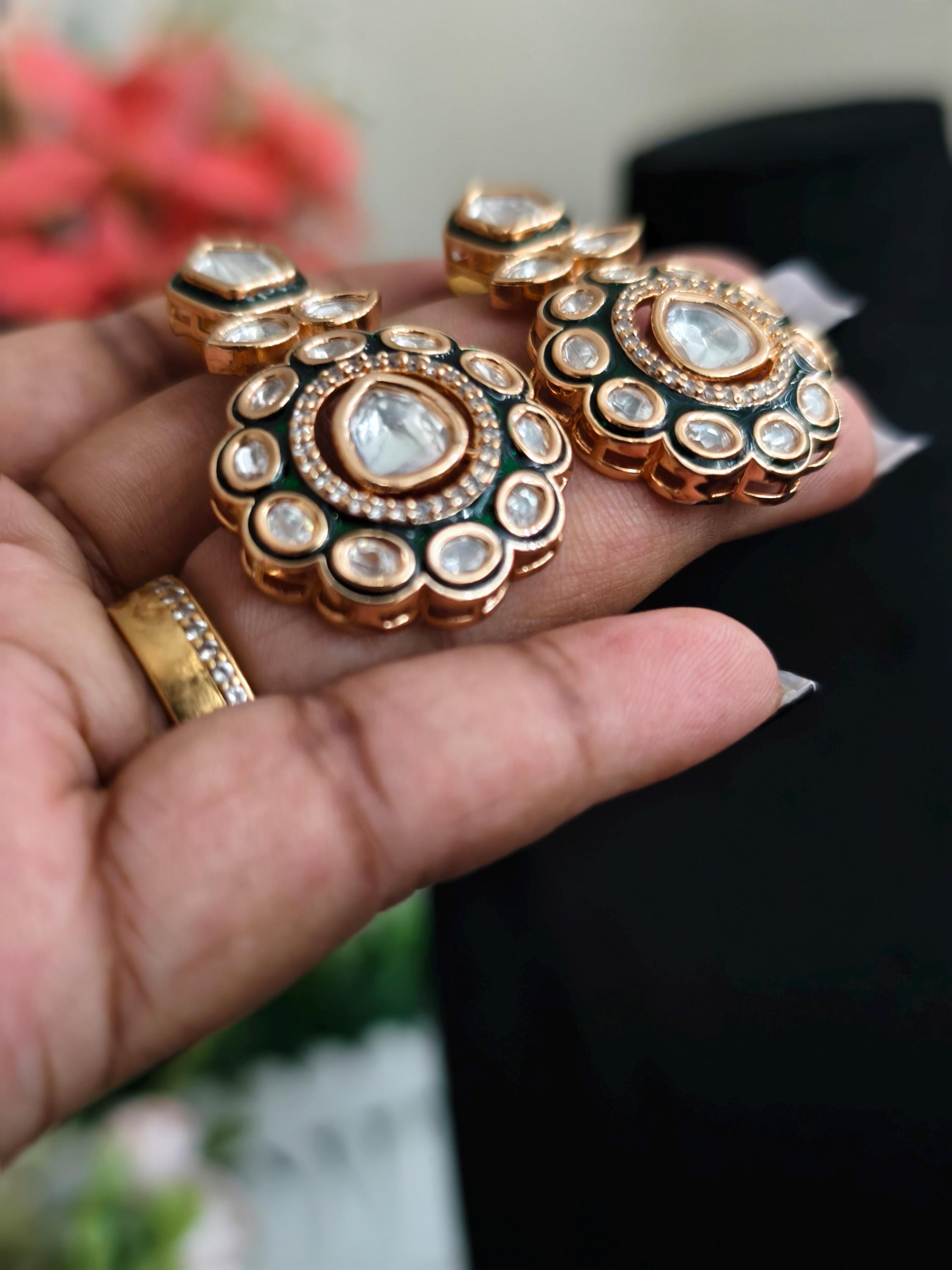 Kundan Statement Earrings: Indian Jewelry, Green & White