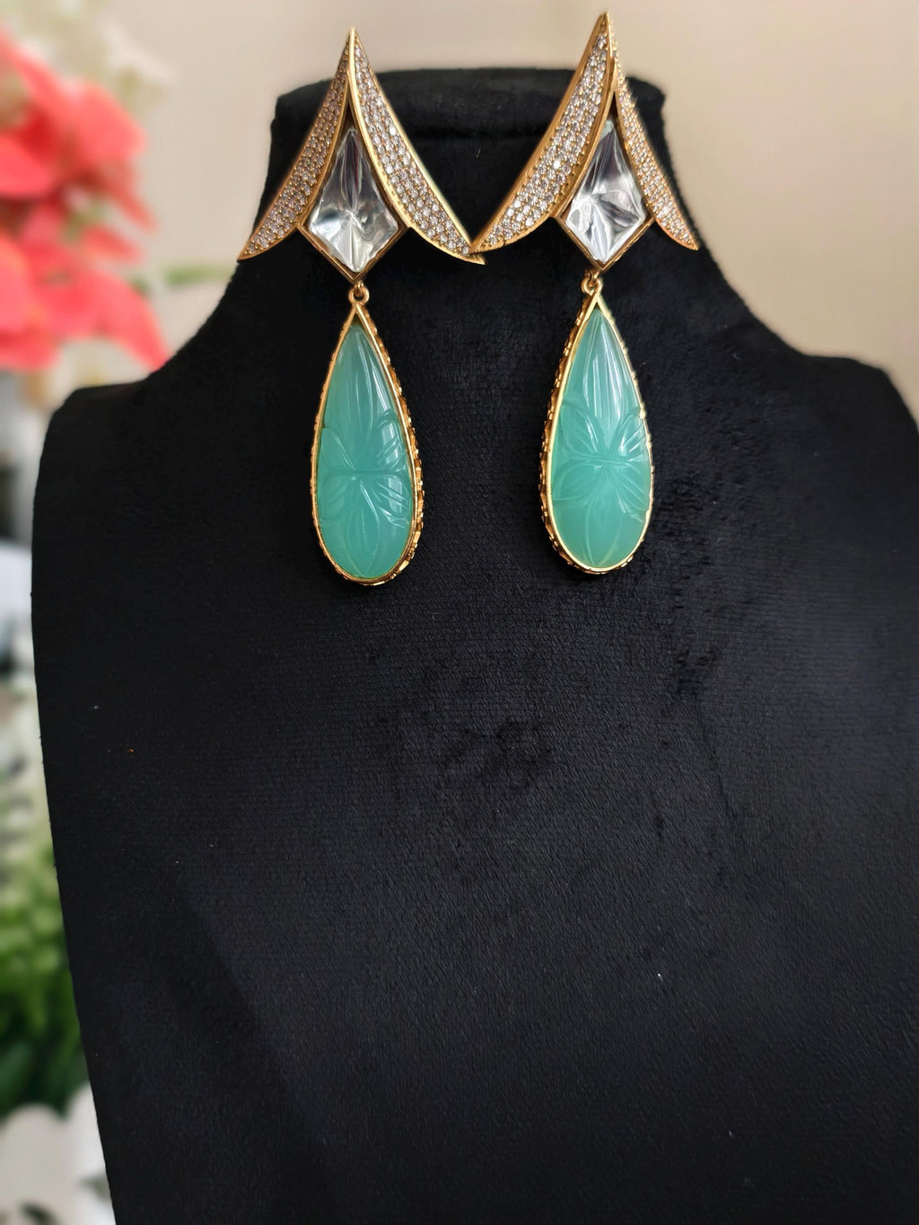 Carved Mint Green Quartz Teardrop Earrings, Art Deco Floral Dangle Jewelry
