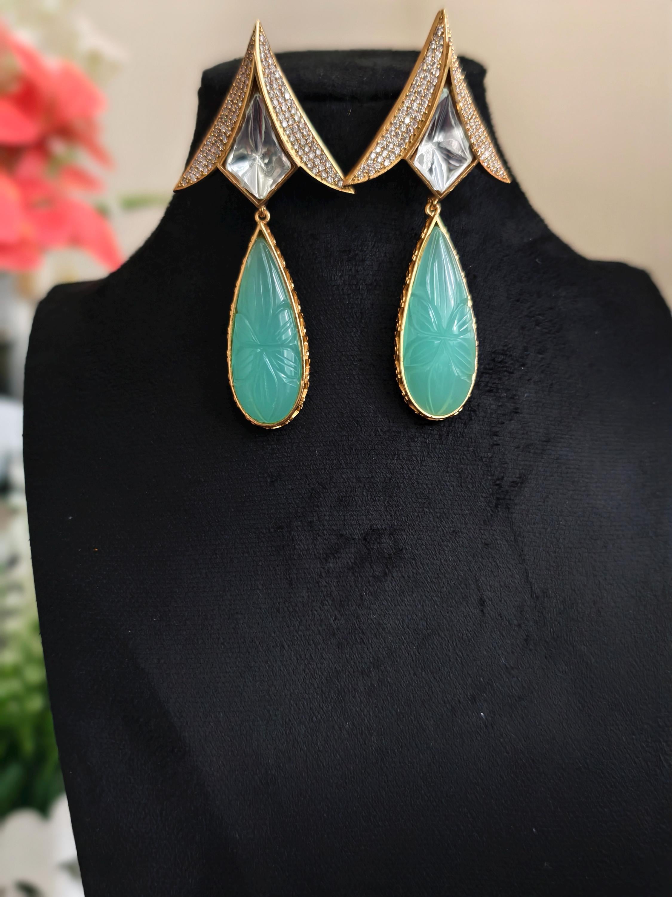 Carved Mint Green Quartz Teardrop Earrings, Art Deco Floral Dangle Jewelry