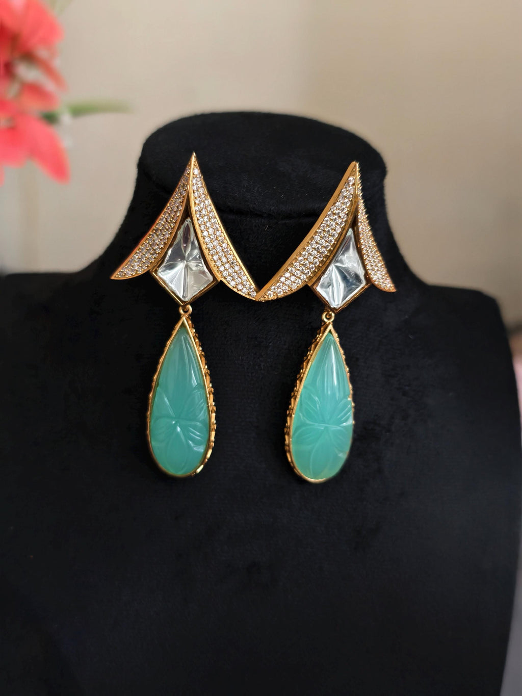 Carved Mint Green Quartz Teardrop Earrings, Art Deco Floral Dangle Jewelry