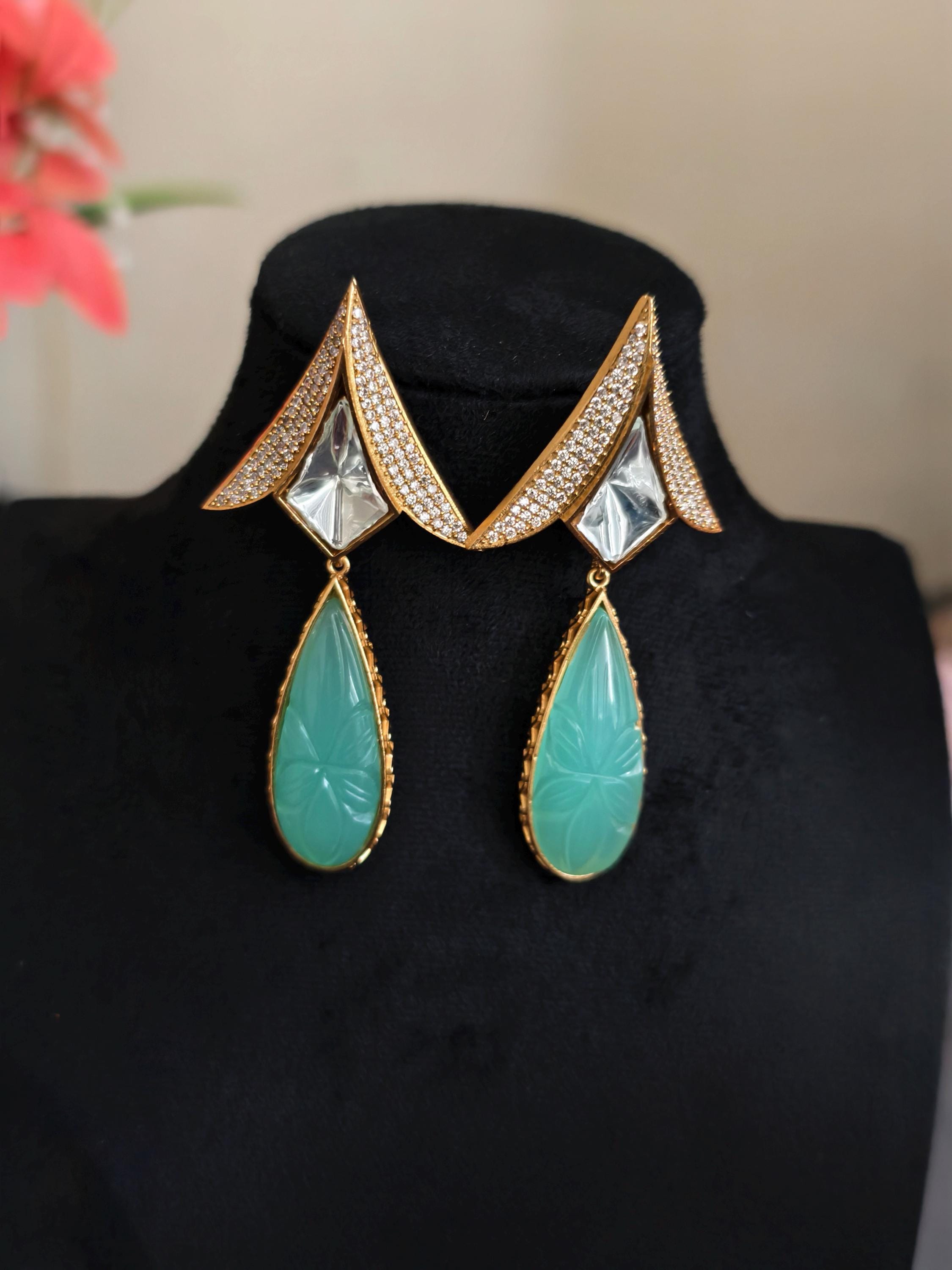 Carved Mint Green Quartz Teardrop Earrings, Art Deco Floral Dangle Jewelry
