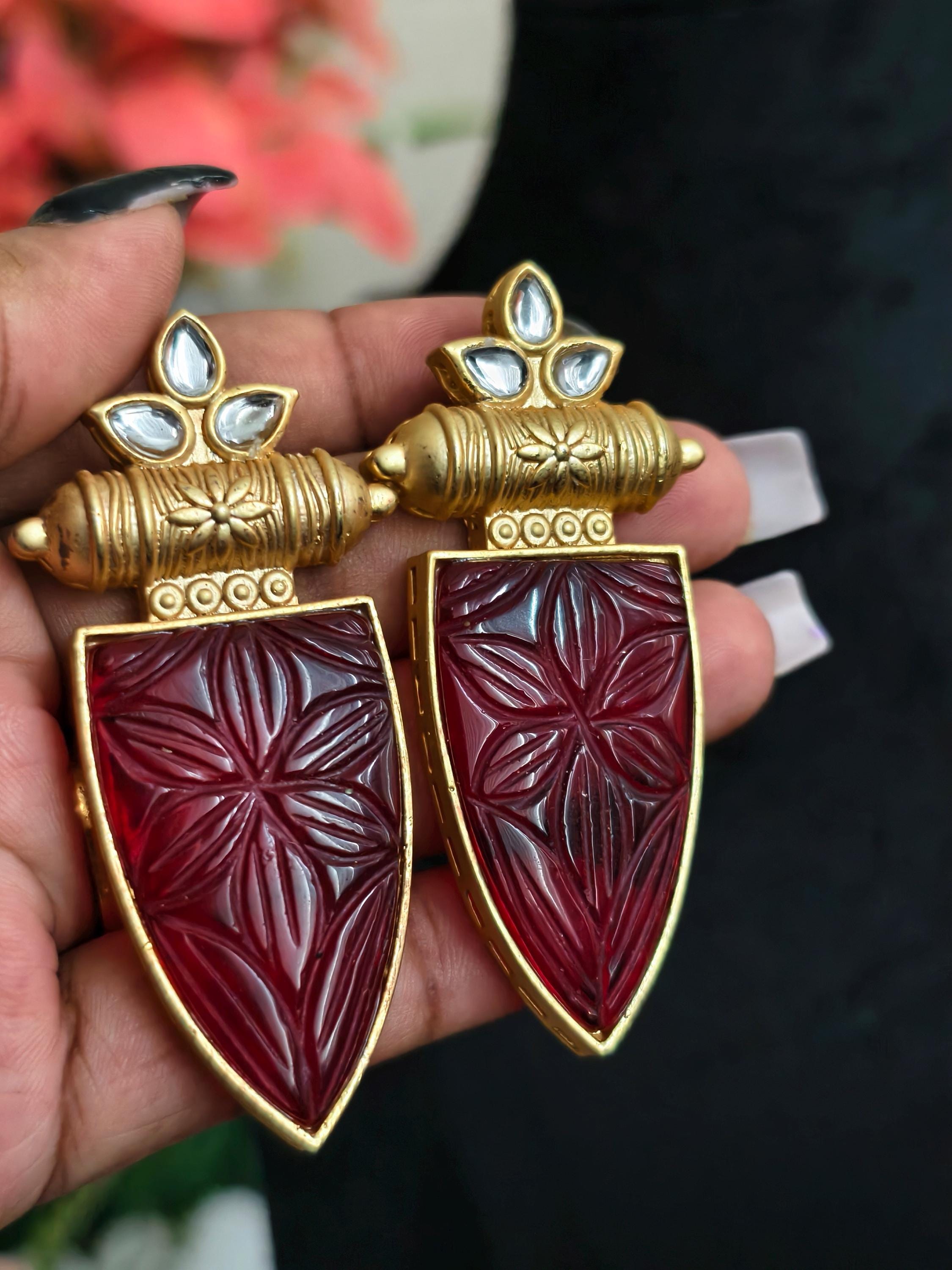 Hammered Ruby Red Stone Earrings: Indian Kundan Jewelry
