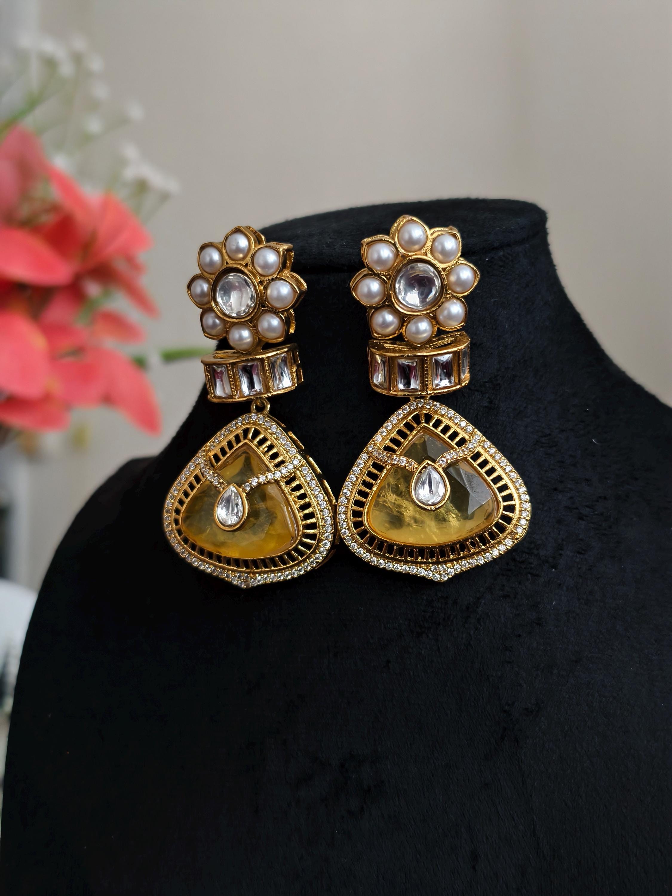 Yellow Dublet Stone Statement Earrings: AD Stone Indian Jewelry