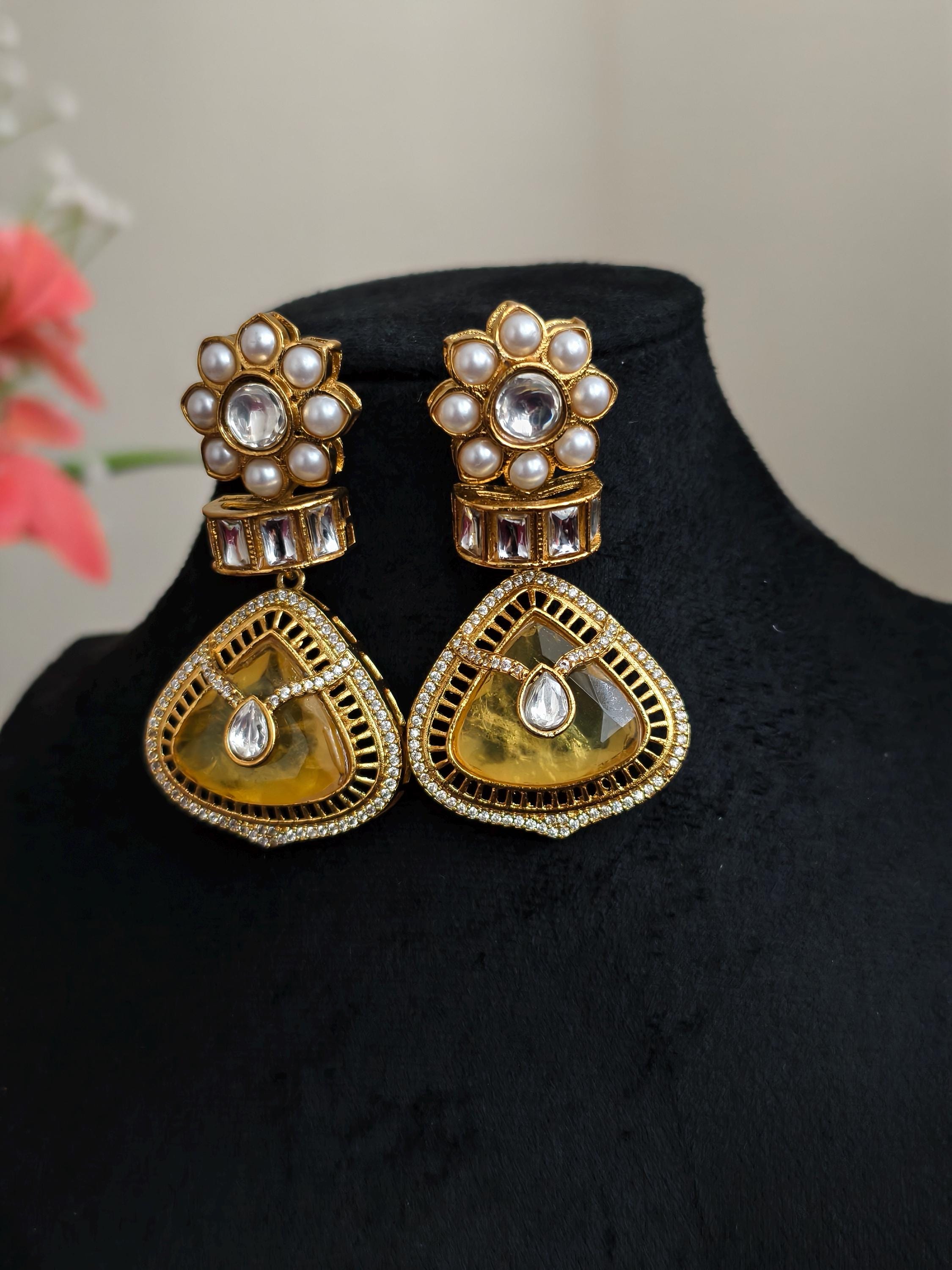 Yellow Dublet Stone Statement Earrings: AD Stone Indian Jewelry