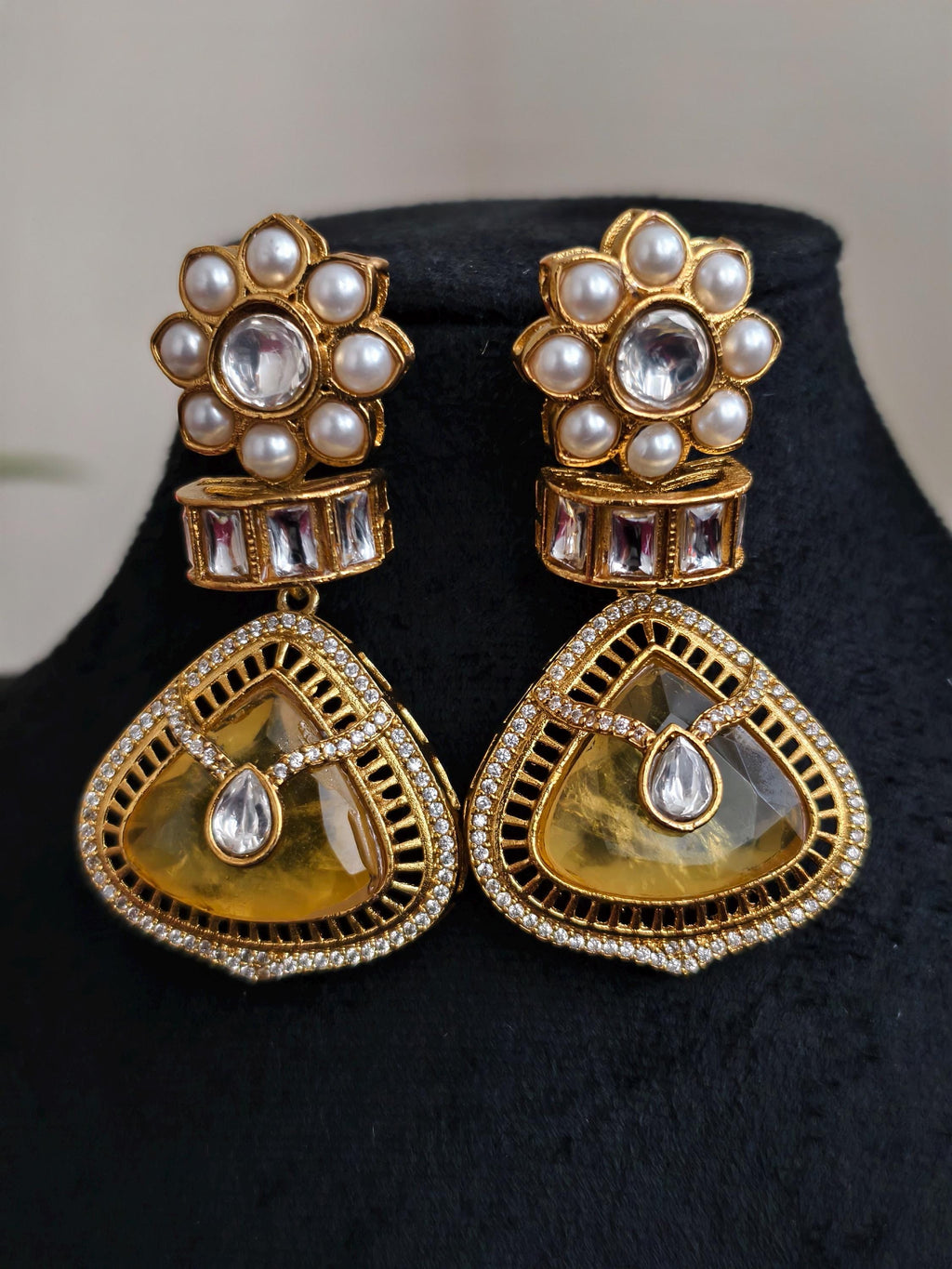 Yellow Dublet Stone Statement Earrings: AD Stone Indian Jewelry