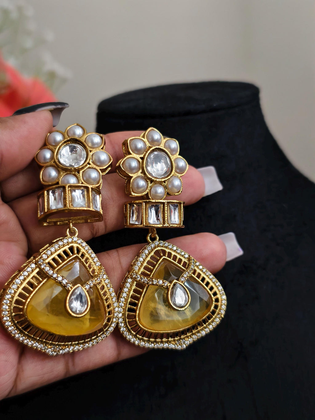 Yellow Dublet Stone Statement Earrings: AD Stone Indian Jewelry