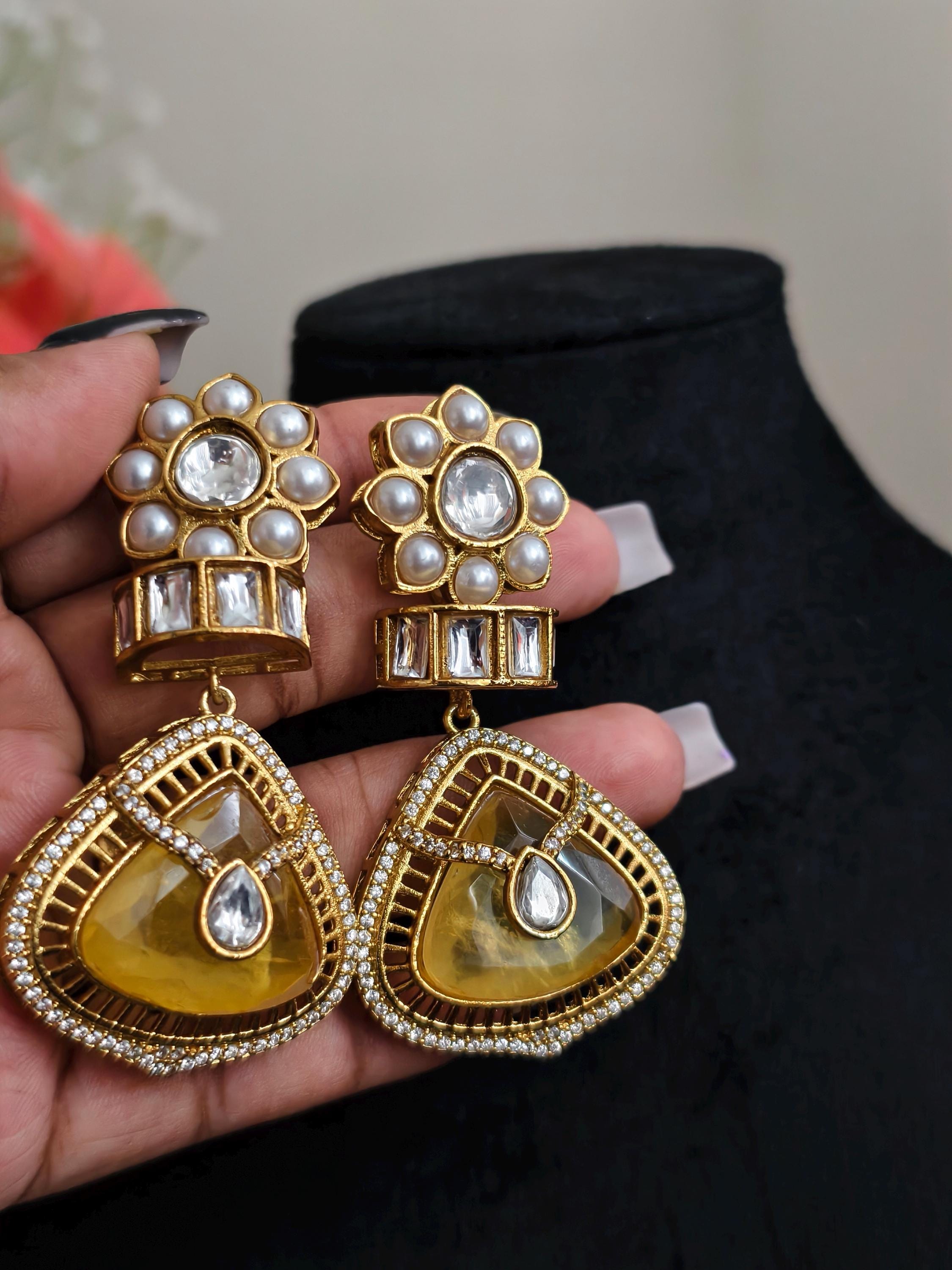Yellow Dublet Stone Statement Earrings: AD Stone Indian Jewelry