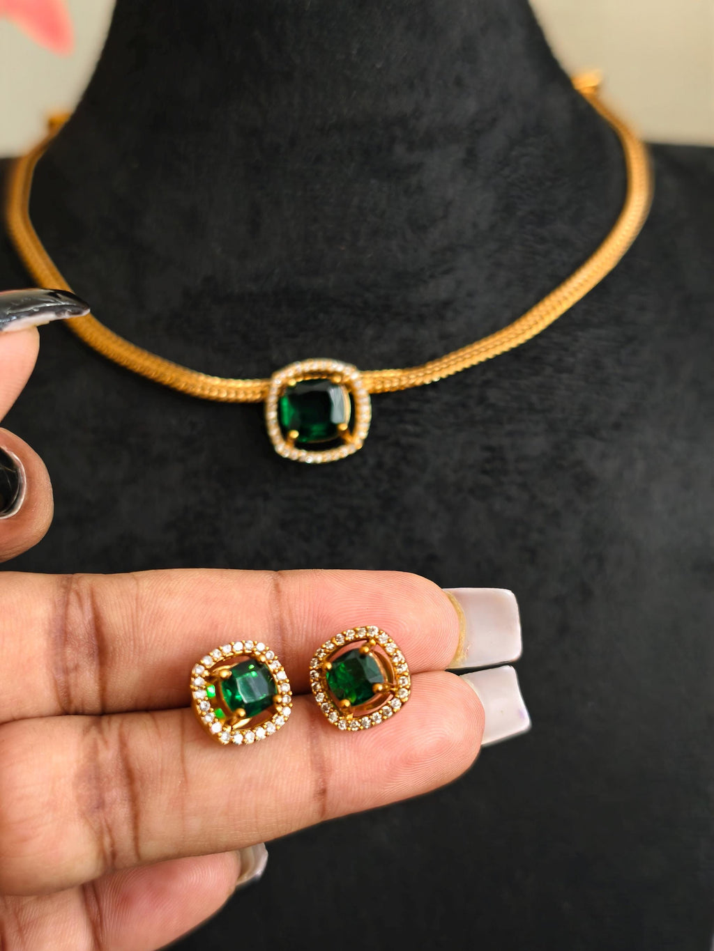 Emerald Green Jewelry Set  Gold Plated Necklace & Studs, Indian Wedding
