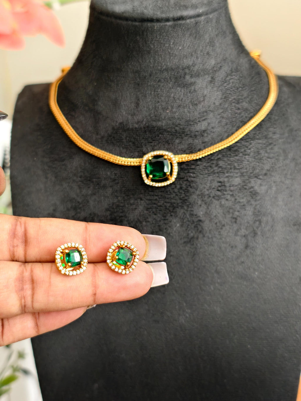 Emerald Green Jewelry Set  Gold Plated Necklace & Studs, Indian Wedding
