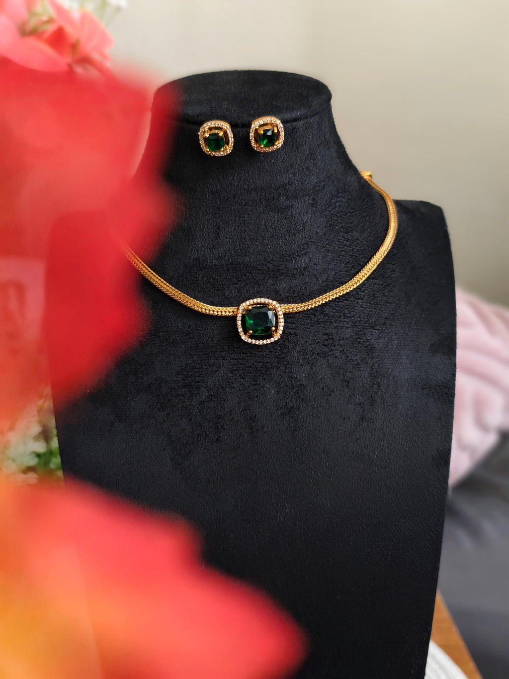 Emerald Green Jewelry Set  Gold Plated Necklace & Studs, Indian Wedding