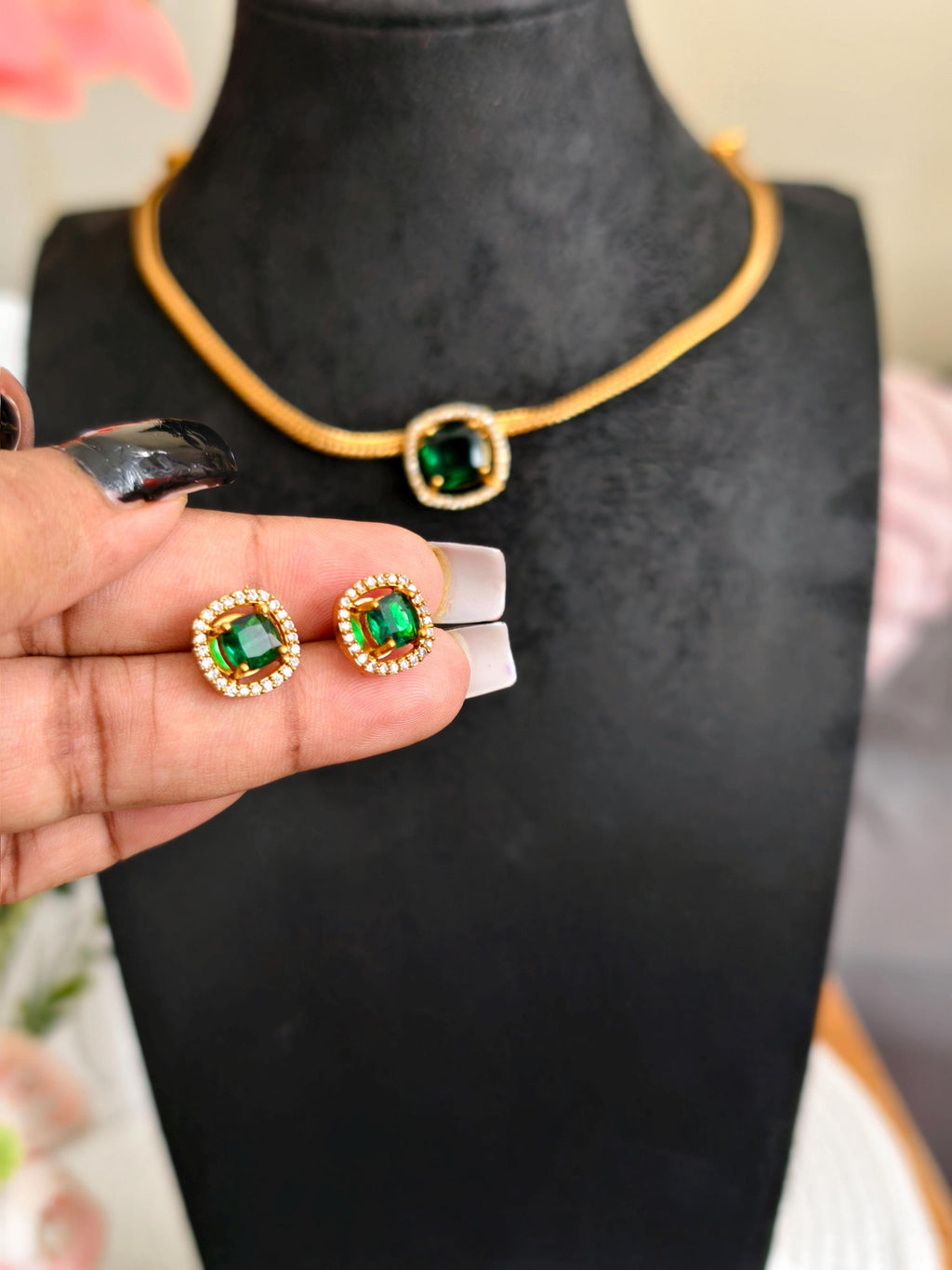 Emerald Green Jewelry Set  Gold Plated Necklace & Studs, Indian Wedding