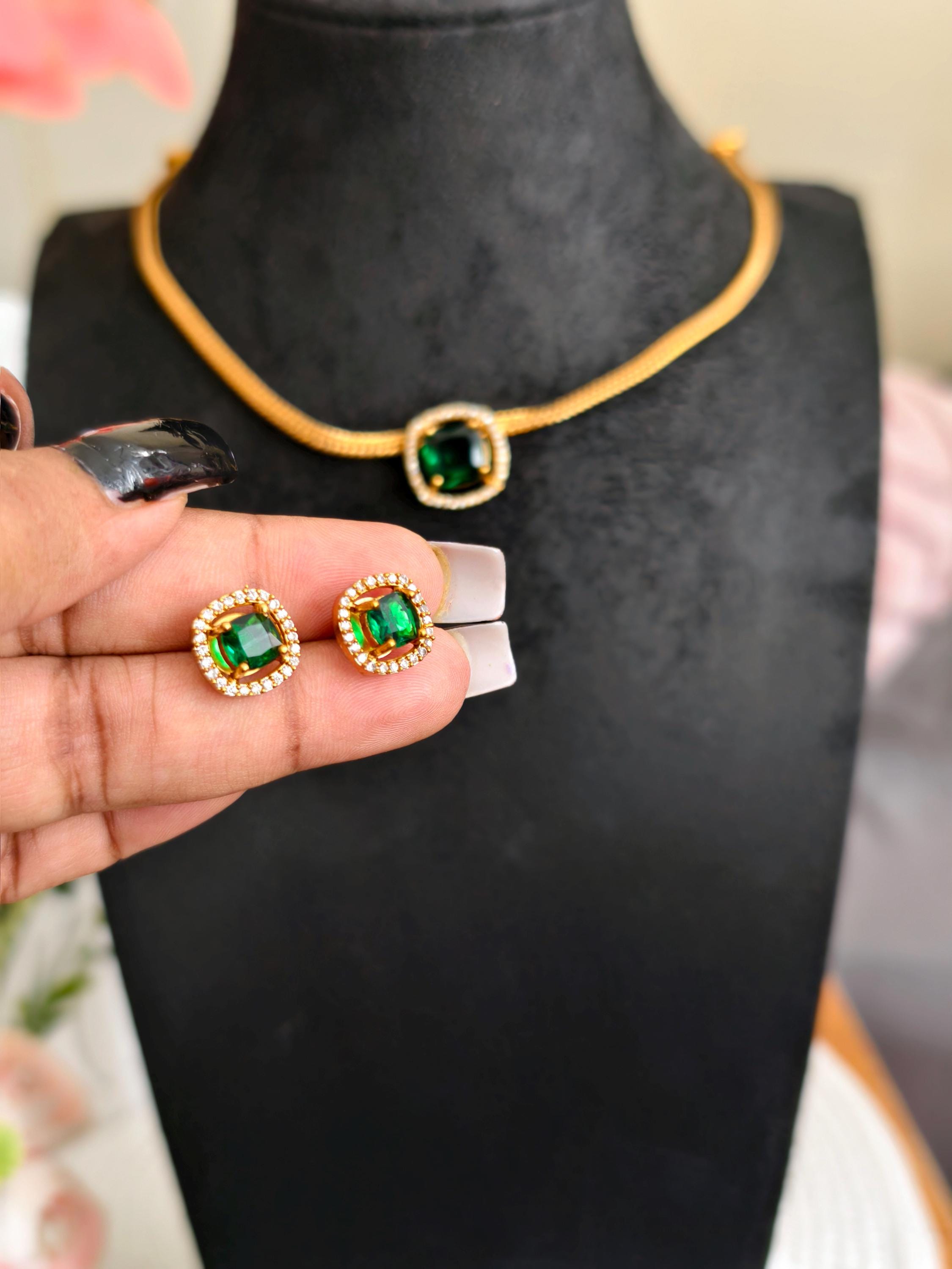 Emerald Green Jewelry Set  Gold Plated Necklace & Studs, Indian Wedding