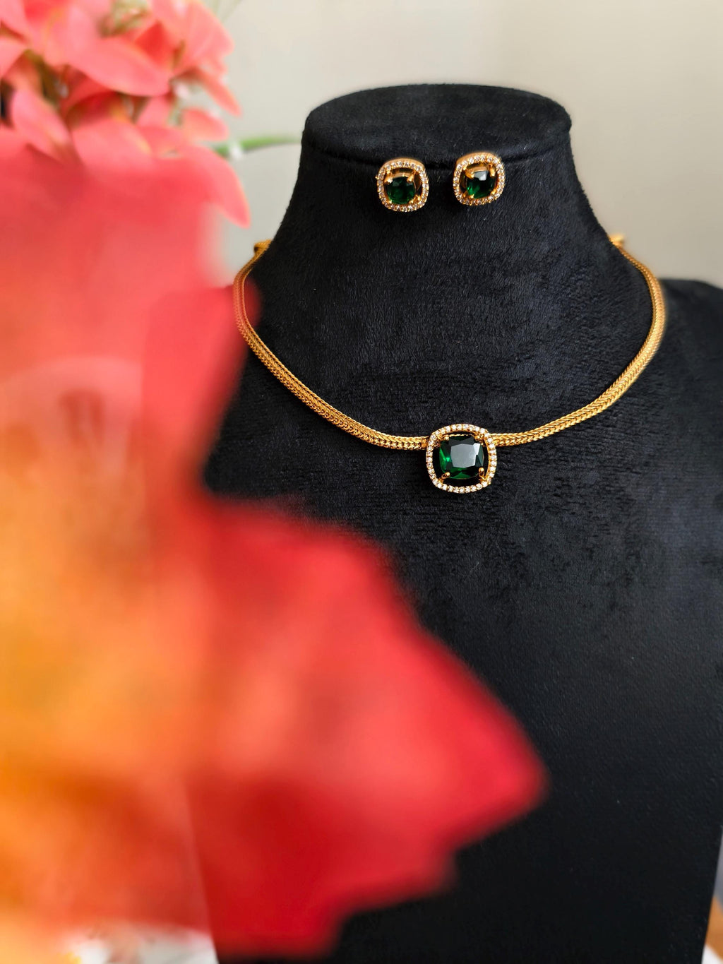 Emerald Green Jewelry Set  Gold Plated Necklace & Studs, Indian Wedding