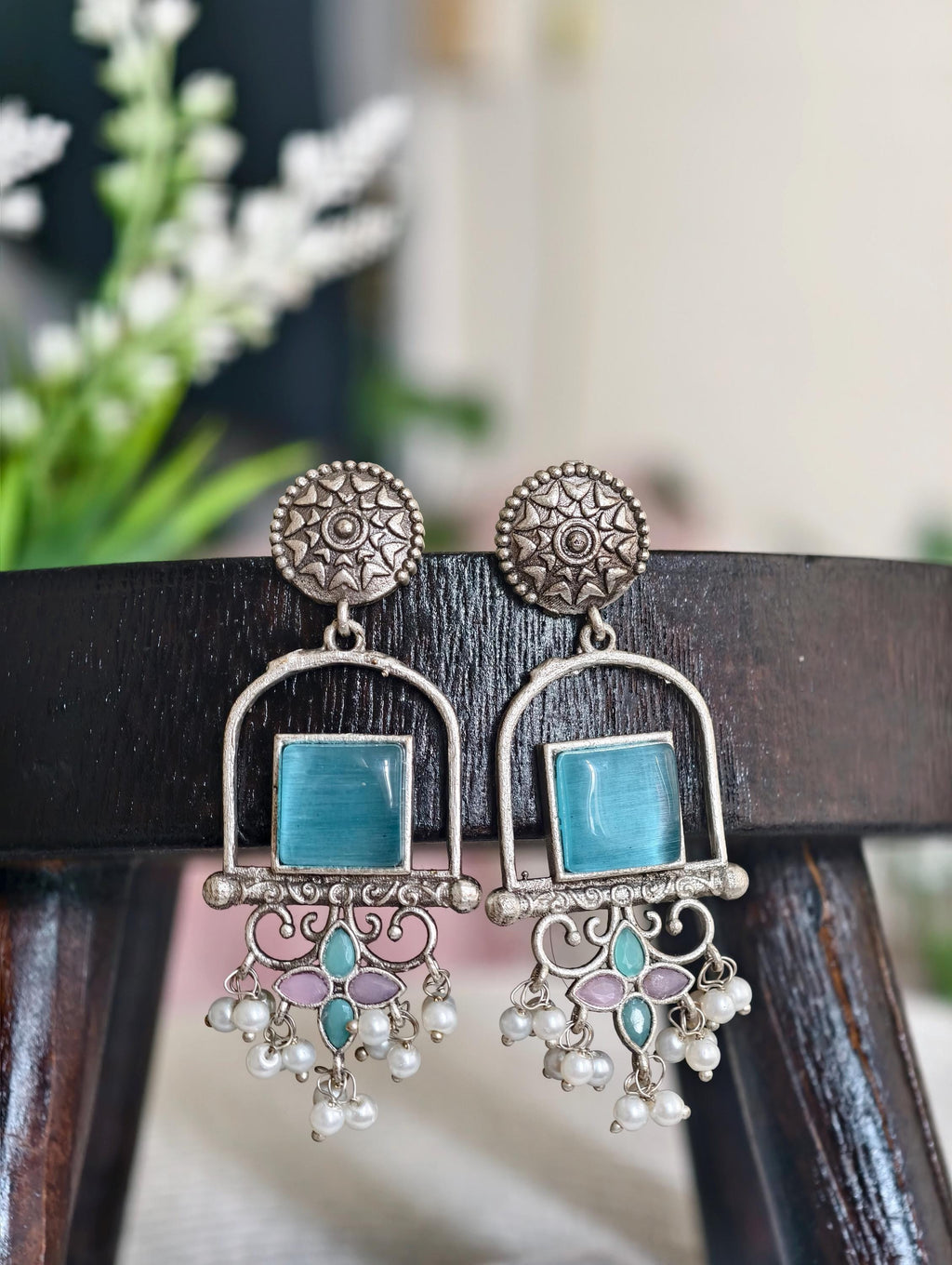 Silver Replica Earrings: Classy Indian Jewelry, Sky Blue Accent