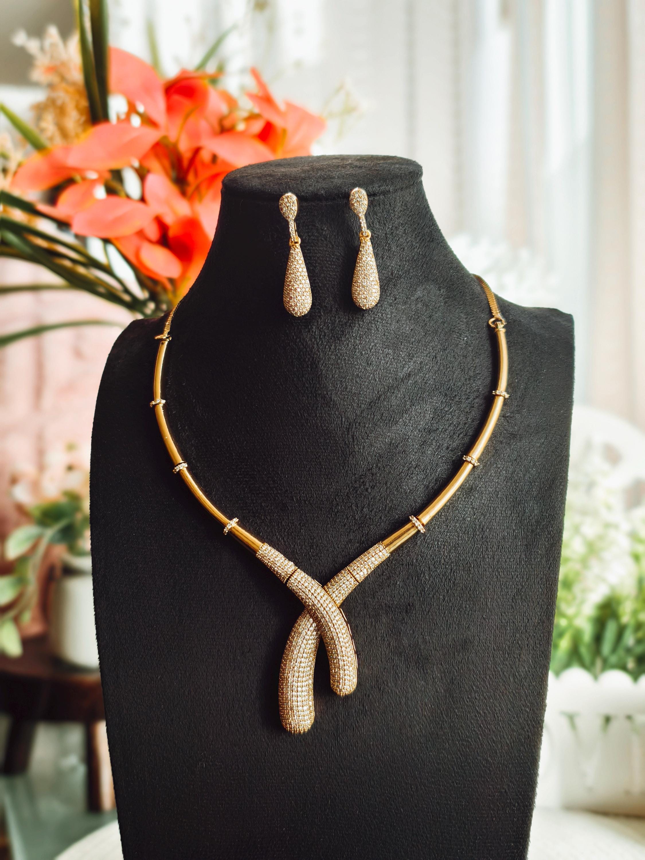 Gold Plated Zirconia Necklace Set | Teardrop Earrings, Indian Fusion Jewelry