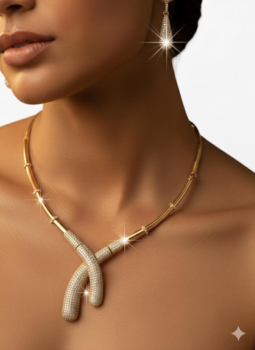 Gold Plated Zirconia Necklace Set | Teardrop Earrings, Indian Fusion Jewelry