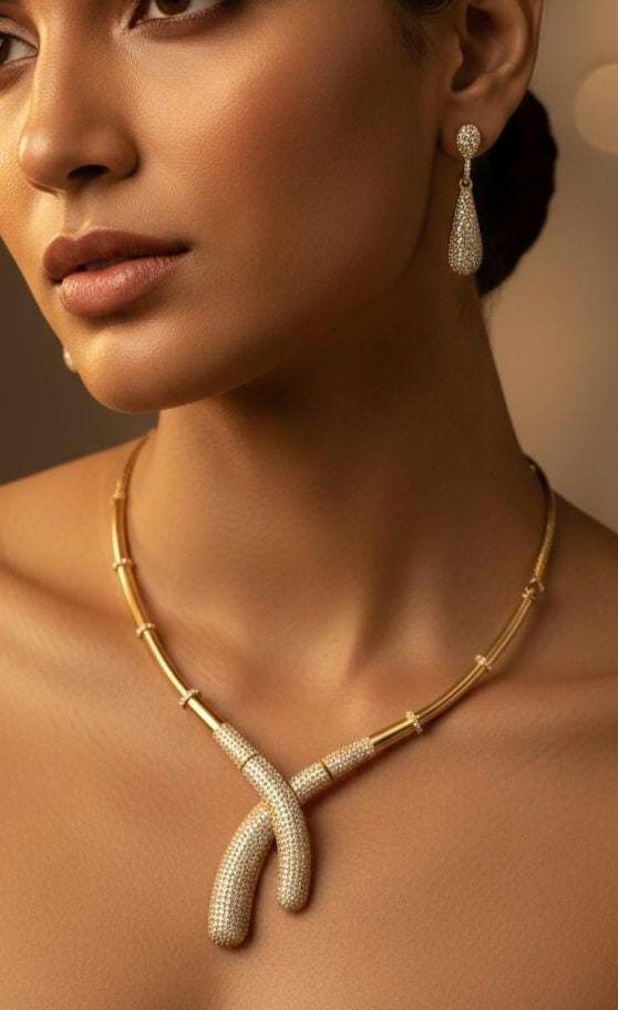 Gold Plated Zirconia Necklace Set | Teardrop Earrings, Indian Fusion Jewelry