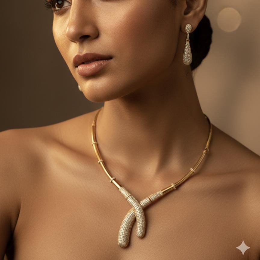 Gold Plated Zirconia Necklace Set | Teardrop Earrings, Indian Fusion Jewelry