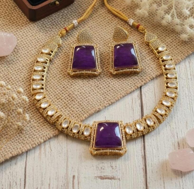 Amethyst Kundan Jewelry Set | Gold Plated Indian Necklace & Earrings