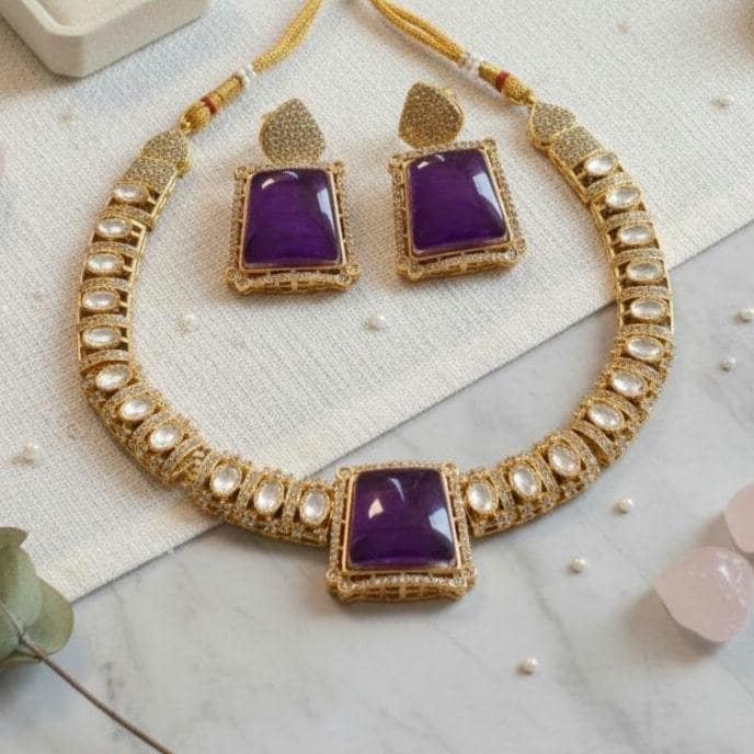 Amethyst Kundan Jewelry Set | Gold Plated Indian Necklace & Earrings