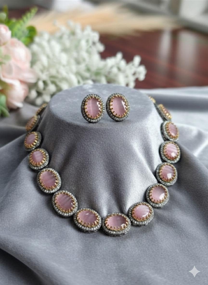 Pink Moonstone Style Jewelry Set | Victorian Choker & Studs