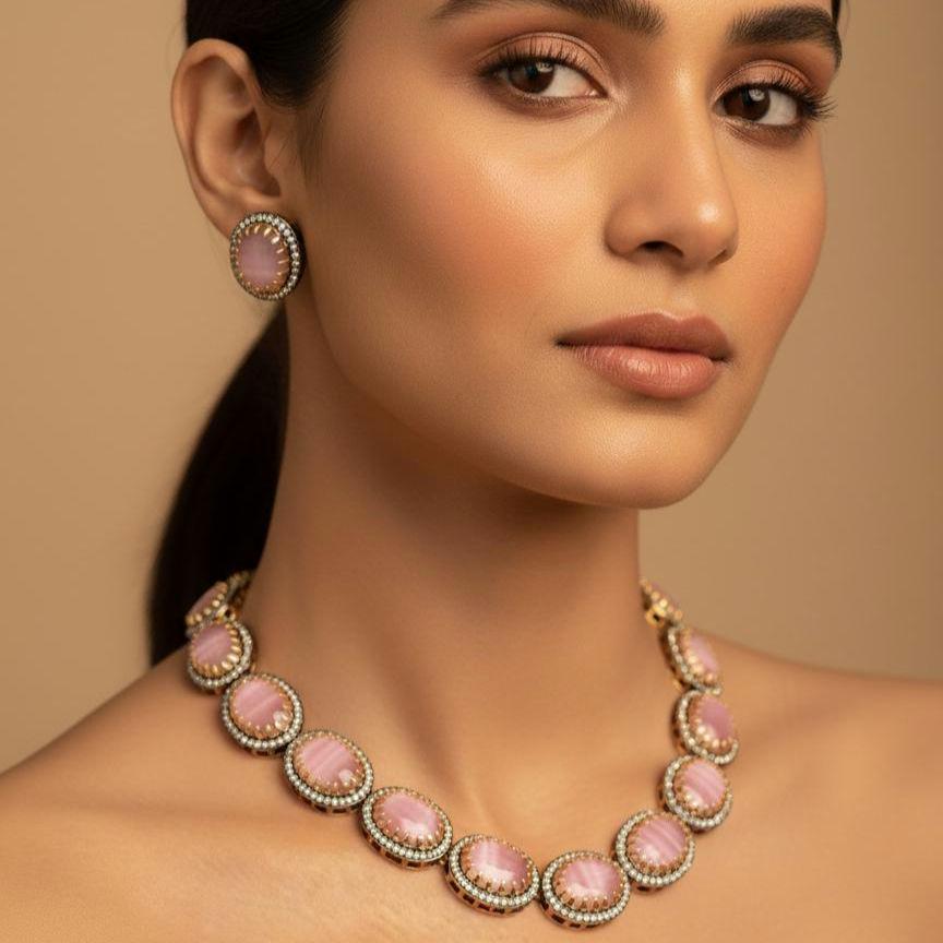 Pink Moonstone Style Jewelry Set | Victorian Choker & Studs