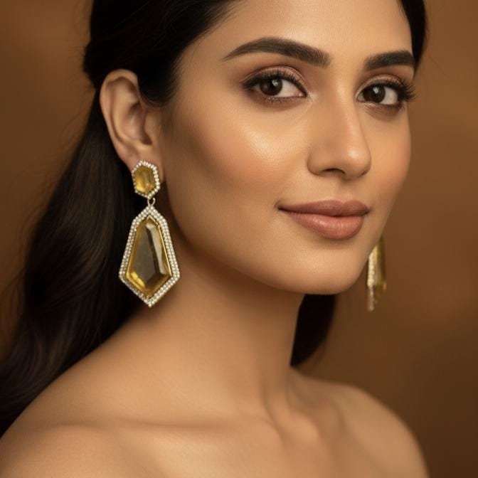 Yellow Gold Geometric Doublet Stone Earrings  Handcrafted Luxury Statement Jewelry  Elegant Wedding