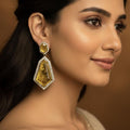 Yellow Gold Geometric Doublet Stone Earrings  Handcrafted Luxury Statement Jewelry  Elegant Wedding