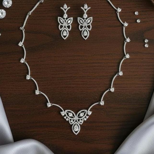 Indo-Western Diamond Style Necklace and Earring Set | Elegant Silver Finish Floral Jewellery for Brides