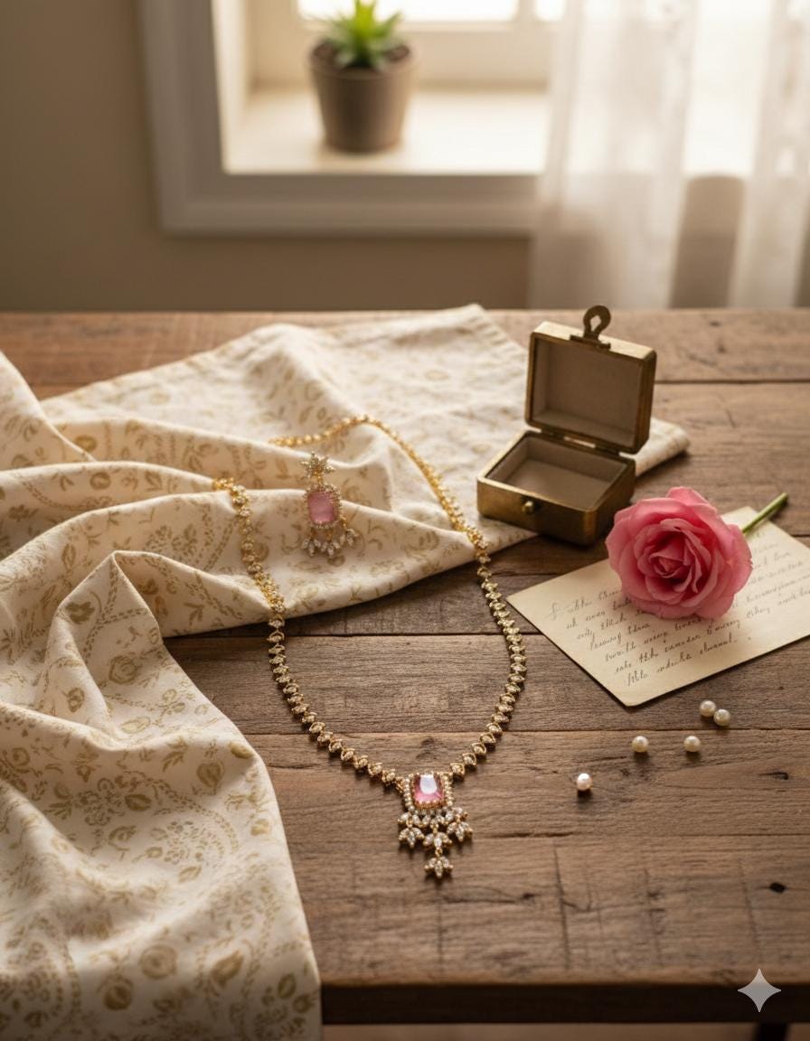 Pink Emerald Cut Necklace & Chandelier Earrings Set  Gold Plated Bridal Jewelry