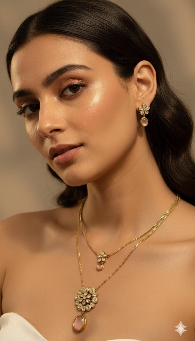 Gold Plated Kundan Floral Jewelry Set, Pink Rose Quartz Necklace Earrings