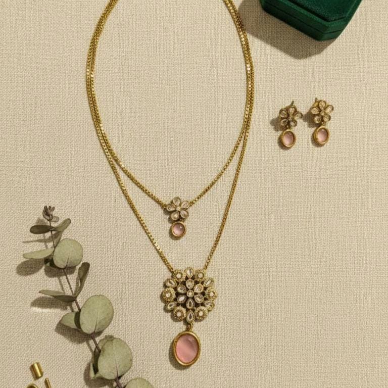 Gold Plated Kundan Floral Jewelry Set, Pink Rose Quartz Necklace Earrings