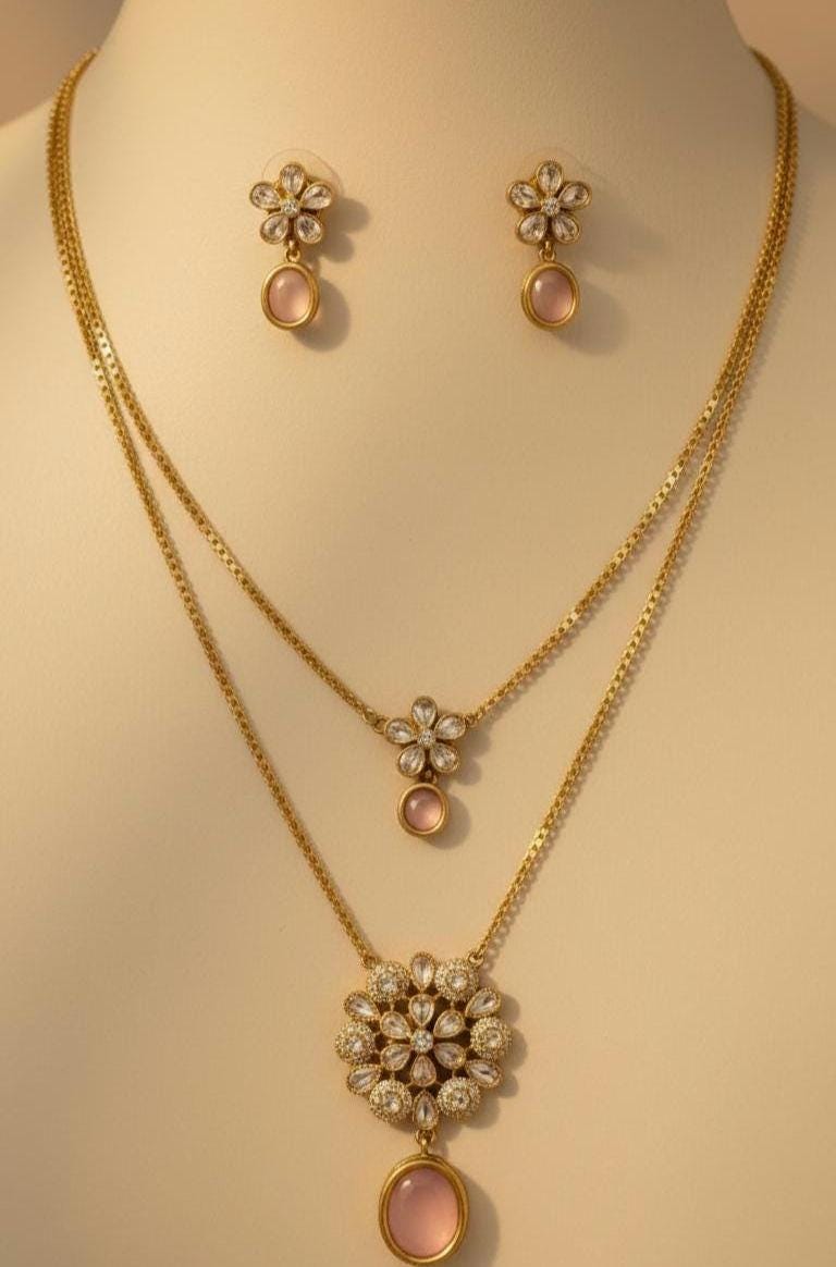 Gold Plated Kundan Floral Jewelry Set, Pink Rose Quartz Necklace Earrings