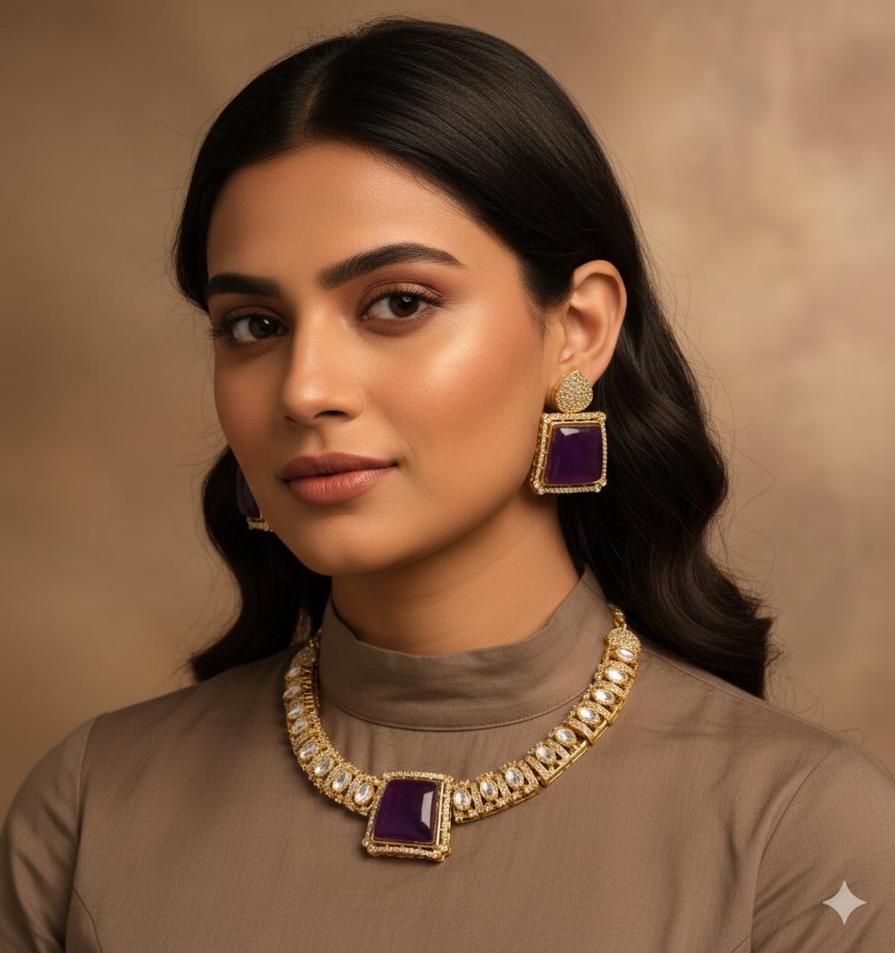Amethyst Kundan Jewelry Set | Gold Plated Indian Necklace & Earrings