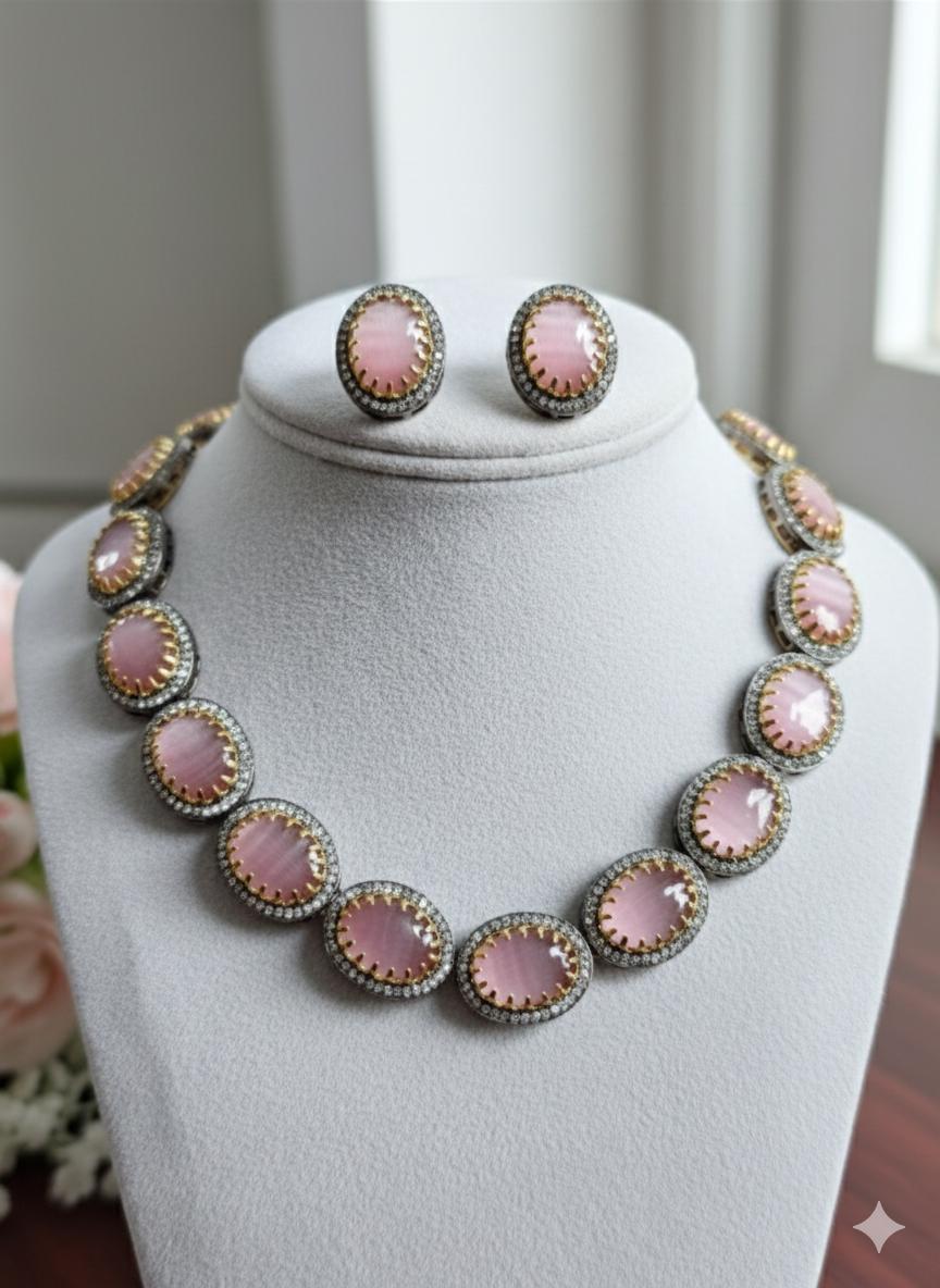 Pink Moonstone Style Jewelry Set | Victorian Choker & Studs