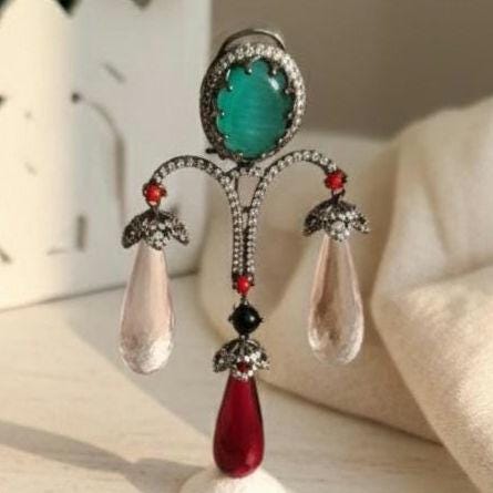 Green Jade Chandelier Earrings | Ruby Red Teardrop, Victorian Bridal Jewelry