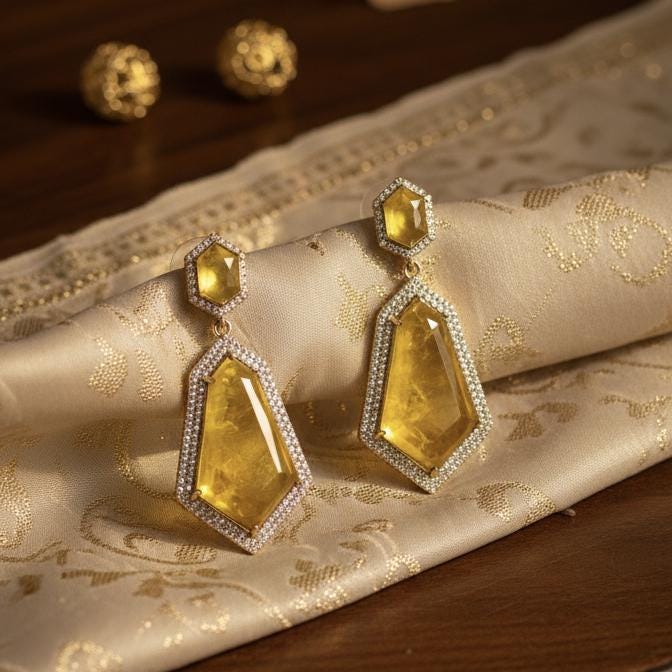 Yellow Gold Geometric Doublet Stone Earrings  Handcrafted Luxury Statement Jewelry  Elegant Wedding