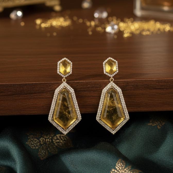 Yellow Gold Geometric Doublet Stone Earrings  Handcrafted Luxury Statement Jewelry  Elegant Wedding