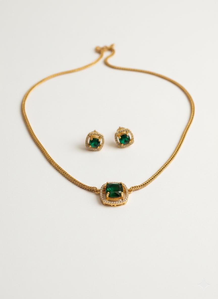 Emerald Green Jewelry Set  Gold Plated Necklace & Studs, Indian Wedding