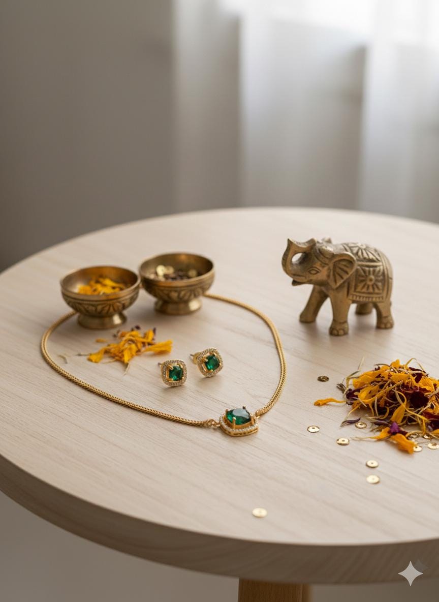 Emerald Green Jewelry Set  Gold Plated Necklace & Studs, Indian Wedding